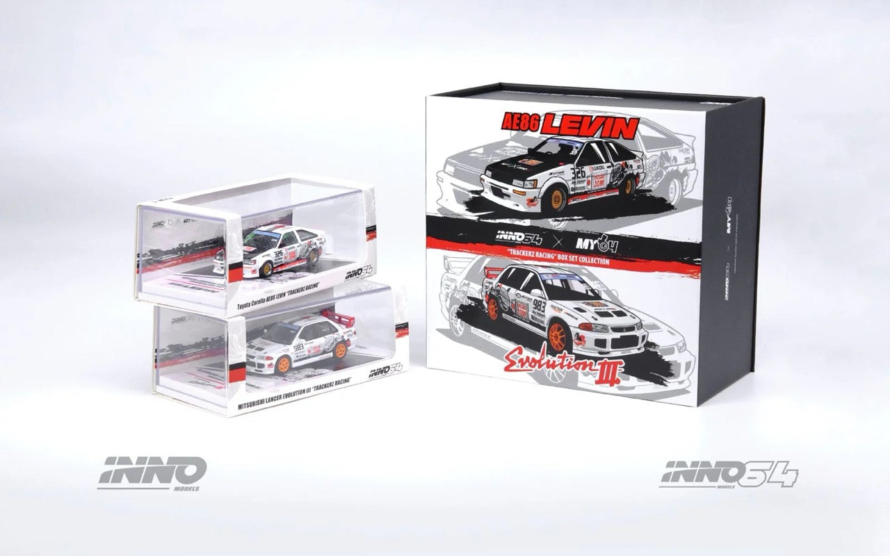 INNO64 1:64 Toyota Corolla AE86 LEVIN & Mitsubishi Lancer Evolution III Malaysia Special Edition "TRACKERZ RACING" Twin Cars Box Set Collection
