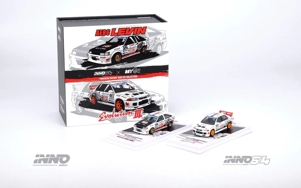 INNO64 1:64 Toyota Corolla AE86 LEVIN & Mitsubishi Lancer Evolution III Malaysia Special Edition "TRACKERZ RACING" Twin Cars Box Set Collection