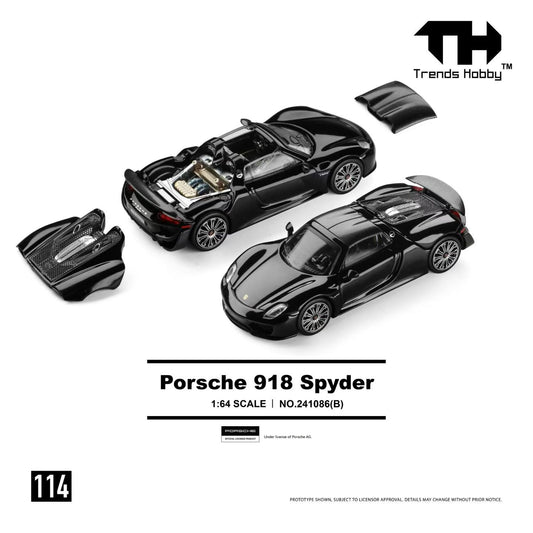 Trends Hobby 1:64 Porsche 918 Spyder Gloss Black Openable Roof and Rear Hoods Detailed Engine Porsche Official Licensed (241086B)