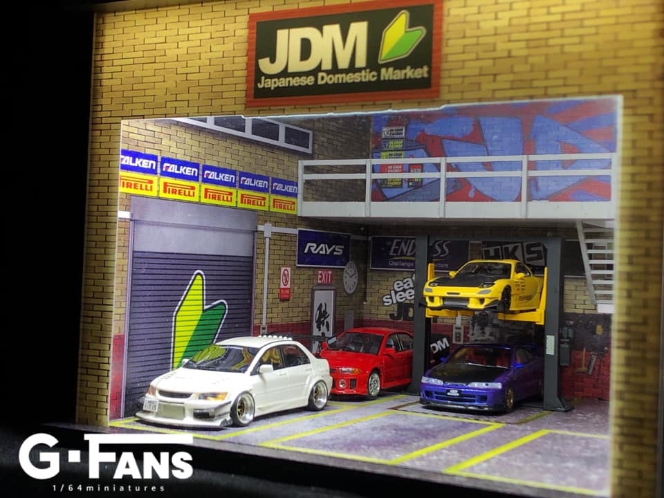 G-Fans 1/64 Japan JDM Double Levels Garage LED Light Diorama with acrylic cover