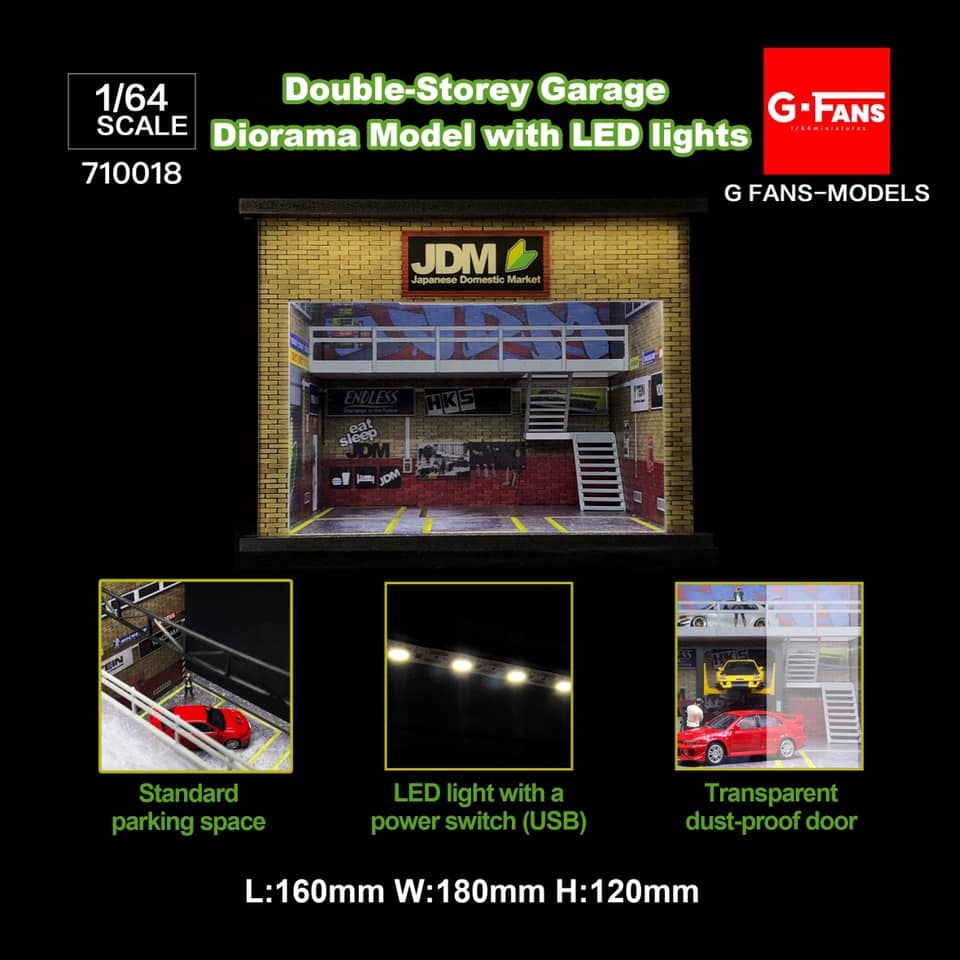 G-Fans 1/64 Japan JDM Double Levels Garage LED Light Diorama with acrylic cover