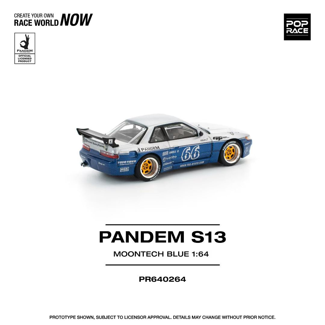 Pop Race 1:64 Nissan Pandem Silvia S13 MOONTECH Rocket Bunny #66 Blue Opening Front Hood Detailed Engine (PR640264)