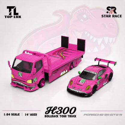 Top Lux X Star Race 1:64 H300 Rollback Tow Truck Extendable Flat Bed + 911 GT3 R Tyrannosaurus Roxy Pink (Full Set)