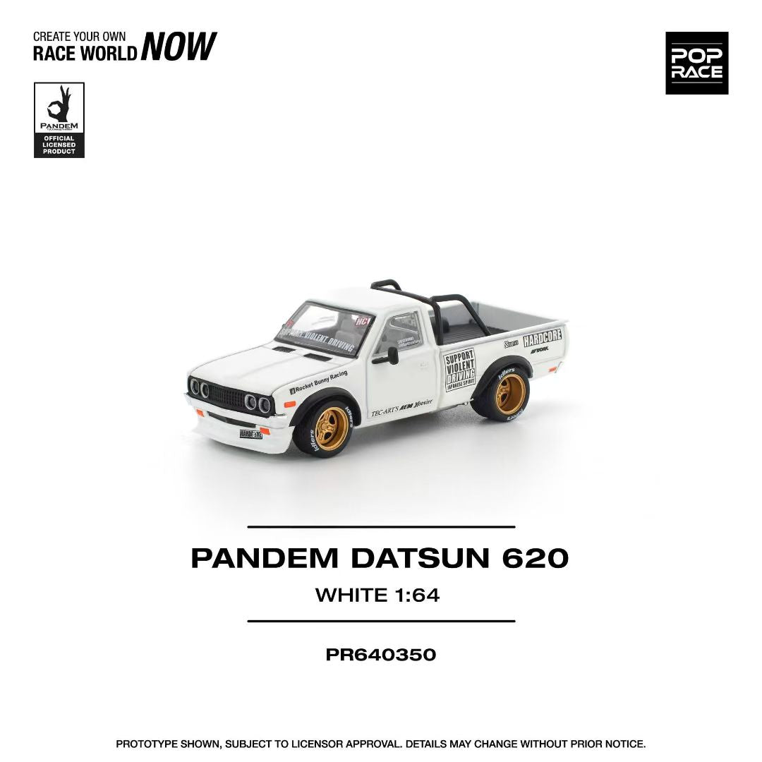 Pop Race 1/64 PANDEM Datsun 620 Pick Up Truck White Openable Front Hood Detailed Engine (PR640350)