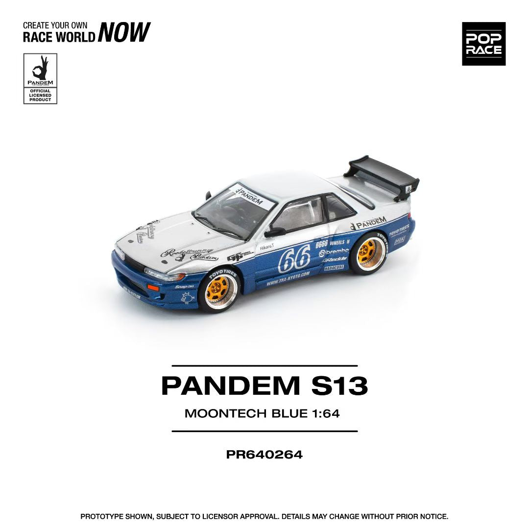 Pop Race 1:64 Nissan Pandem Silvia S13 MOONTECH Rocket Bunny #66 Blue Opening Front Hood Detailed Engine (PR640264)