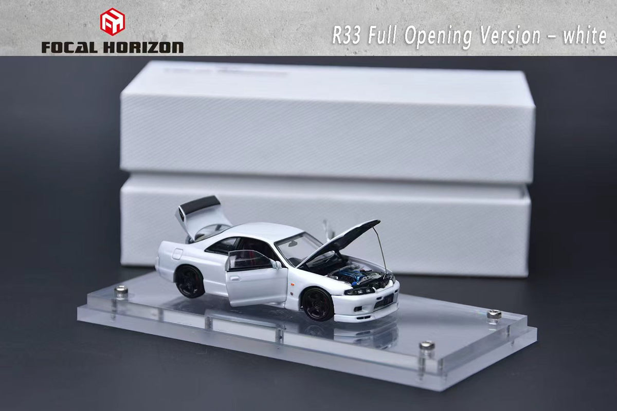 Focal Horizon 1:64 GT-R R33 Skyline BCNR33 Original White with Decal Stickers (ALL OPEN Doors and Hoods with Detailed Engine) Premium Case and Box Packaging
