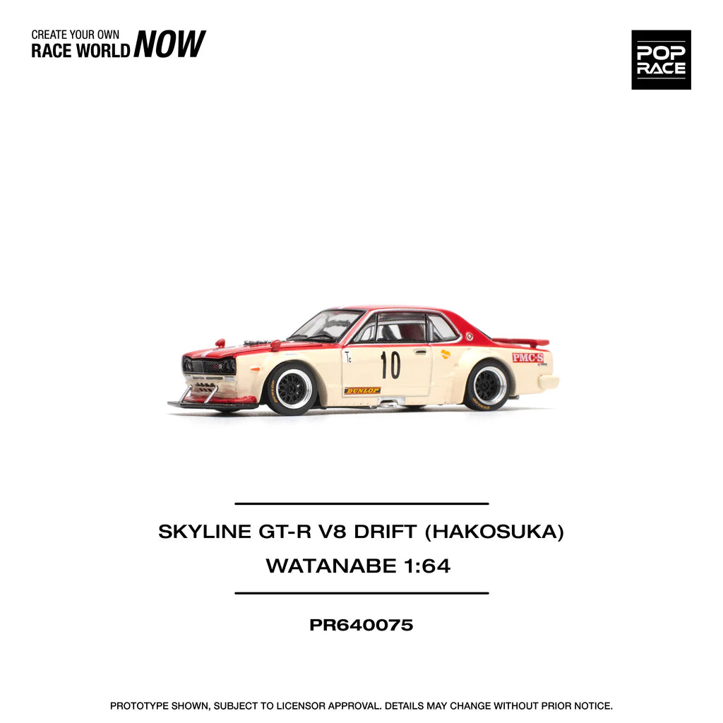 Pop Race 1:64 Nissan Skyline GT-R KPGC10 V8 Drift Hakosuka Watanabe Red Yellow Opening Front and Rear Detailed Engine (PR640075)