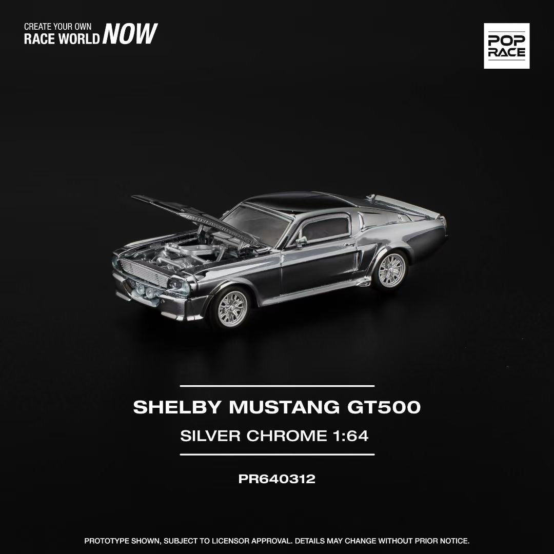 Pop Race 1:64 Shelby Mustang GT500 Silver Chrome Opening Front & Rear Detailed Engine (PR640312)