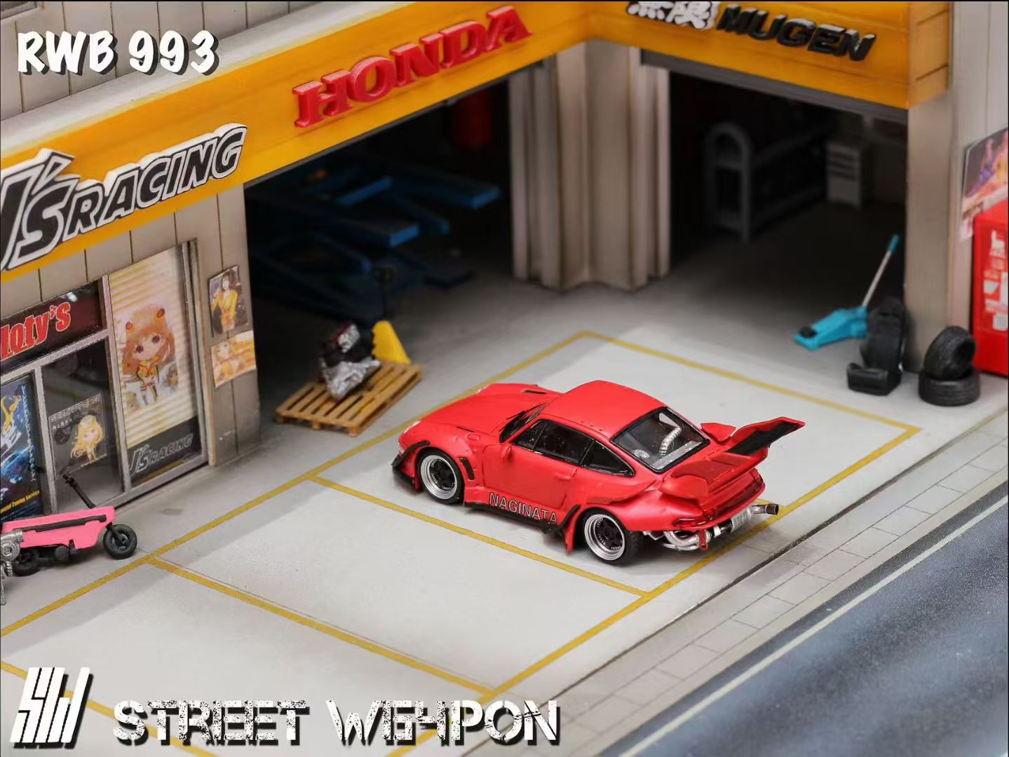 Street Weapon 1/64 Porsche RWB 993 Matt Red NAGINATA High Tail Spoiler Version