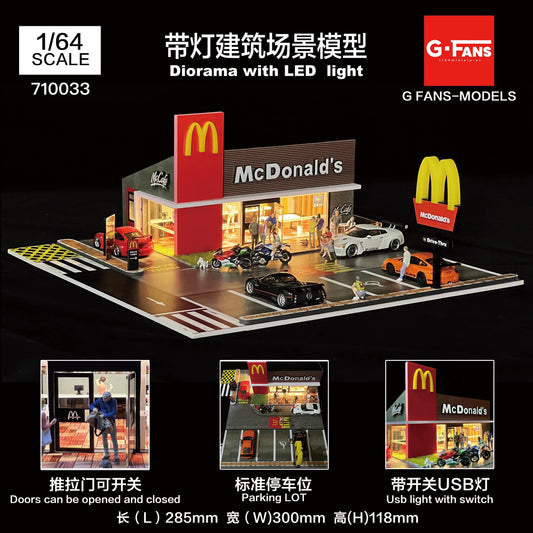 G-Fans 1/64 LED light McDonalds Drive-Thru Volume 2 Diorama with Car Park Parking Lot
