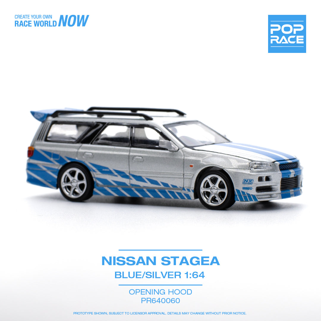 POP RACE 1/64 Nissan STAGEA BLUE/SILVER - with Openable Hood (PR640060)