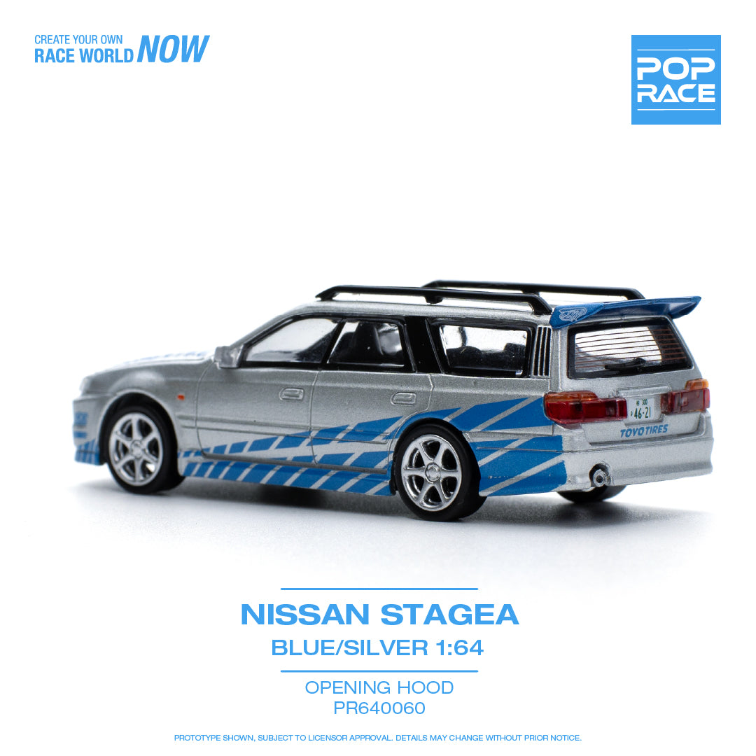 POP RACE 1/64 Nissan STAGEA BLUE/SILVER - with Openable Hood (PR640060)