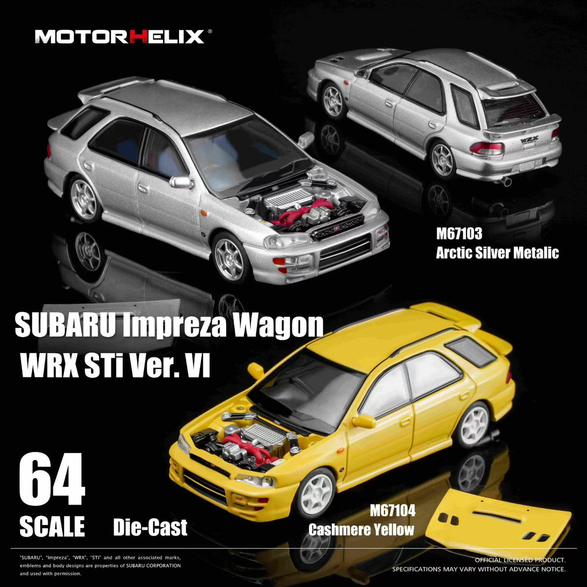 Motorhelix 1:64 Subaru Impreza Wagon WRX STi Ver. VI GF8 Arctic Silver Metallic Openable Front Hood Detailed Engine Official Licensed