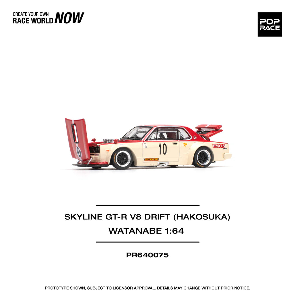 Pop Race 1:64 Nissan Skyline GT-R KPGC10 V8 Drift Hakosuka Watanabe Red Yellow Opening Front and Rear Detailed Engine (PR640075)