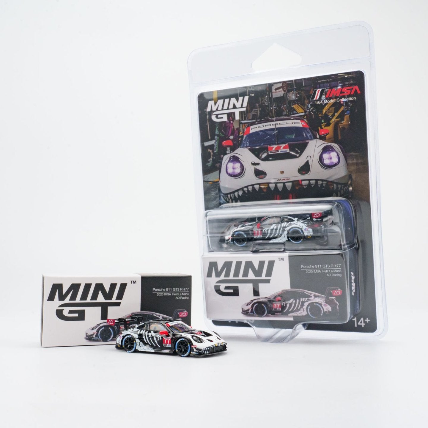 Mini GT 1:64 Porsche 911 GT3 R #77 AO Racing 2025 IMSA Petit Le Mans In Blister Packaging (MGT01143-BL) (Limit to 1 unit per person/address)