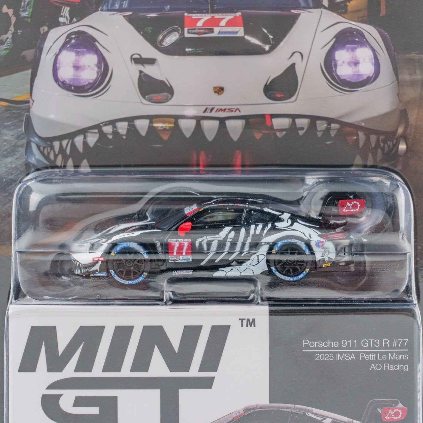 Mini GT 1:64 Porsche 911 GT3 R #77 AO Racing 2025 IMSA Petit Le Mans In Blister Packaging (MGT01143-BL) (Limit to 1 unit per person/address)