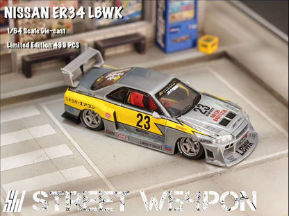 Street Weapon 1/64 Nissan Skyline GT-R R34 ER34 LBWK Super Silhouette #23 Raw Lightening Edition Openable Engine Hood Detailed Engine Limited 499 Pieces