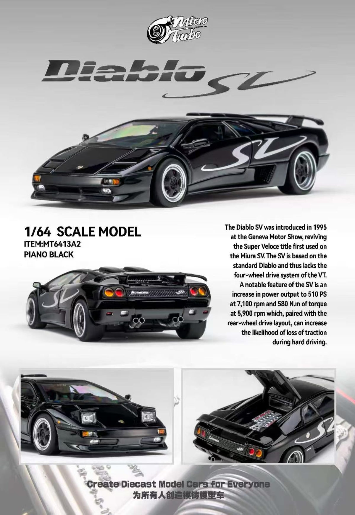 Micro Turbo 1:64 Diablo SV Metallic Black (Foldable Pop Up Head Lights + Opening Hood + Engine Part + Exhaust Details + Attachment)