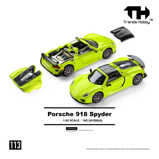 Trends Hobby 1:64 Porsche 918 Spyder Green Openable Roof and Rear Hoods Detailed Engine Porsche Official Licensed (241086A)