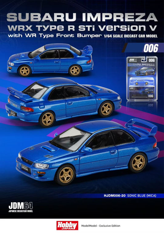 Hobby Japan x ModelModel 1/64 SUBARU Impreza WRX Type R STi Version V Sonic Blue (MICA) with WR Type Front Bumper in Blister Packaging