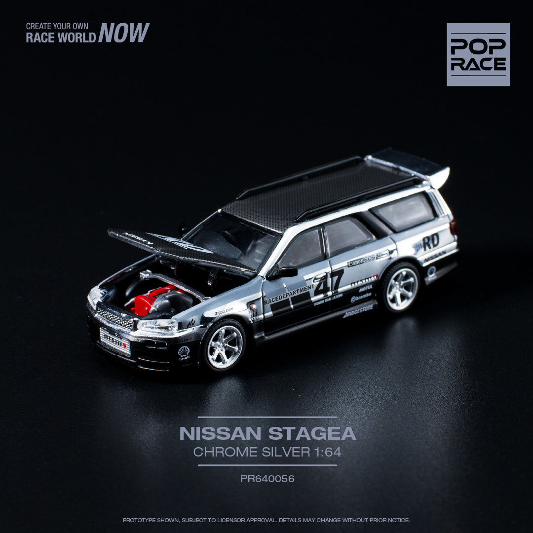 POP RACE 1/64 Nissan Stagea Chrome Silver - with Openable Hood (PR640056)