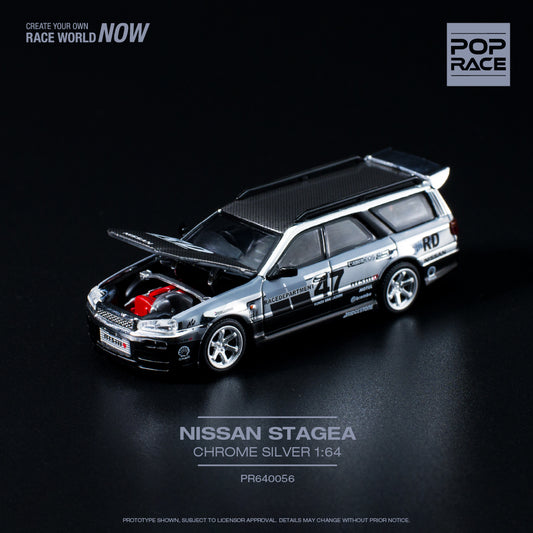 POP RACE 1/64 Nissan Stagea Chrome Silver - with Openable Hood (PR640056)