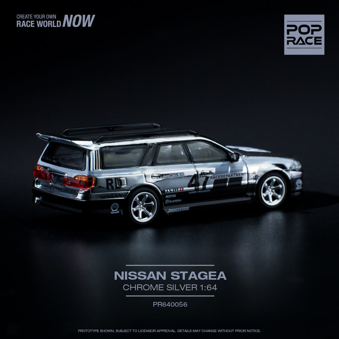 POP RACE 1/64 Nissan Stagea Chrome Silver - with Openable Hood (PR640056)