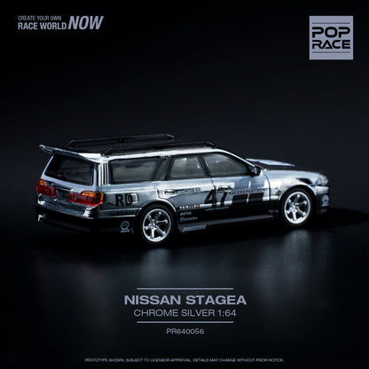 POP RACE 1/64 Nissan Stagea Chrome Silver - with Openable Hood (PR640056)