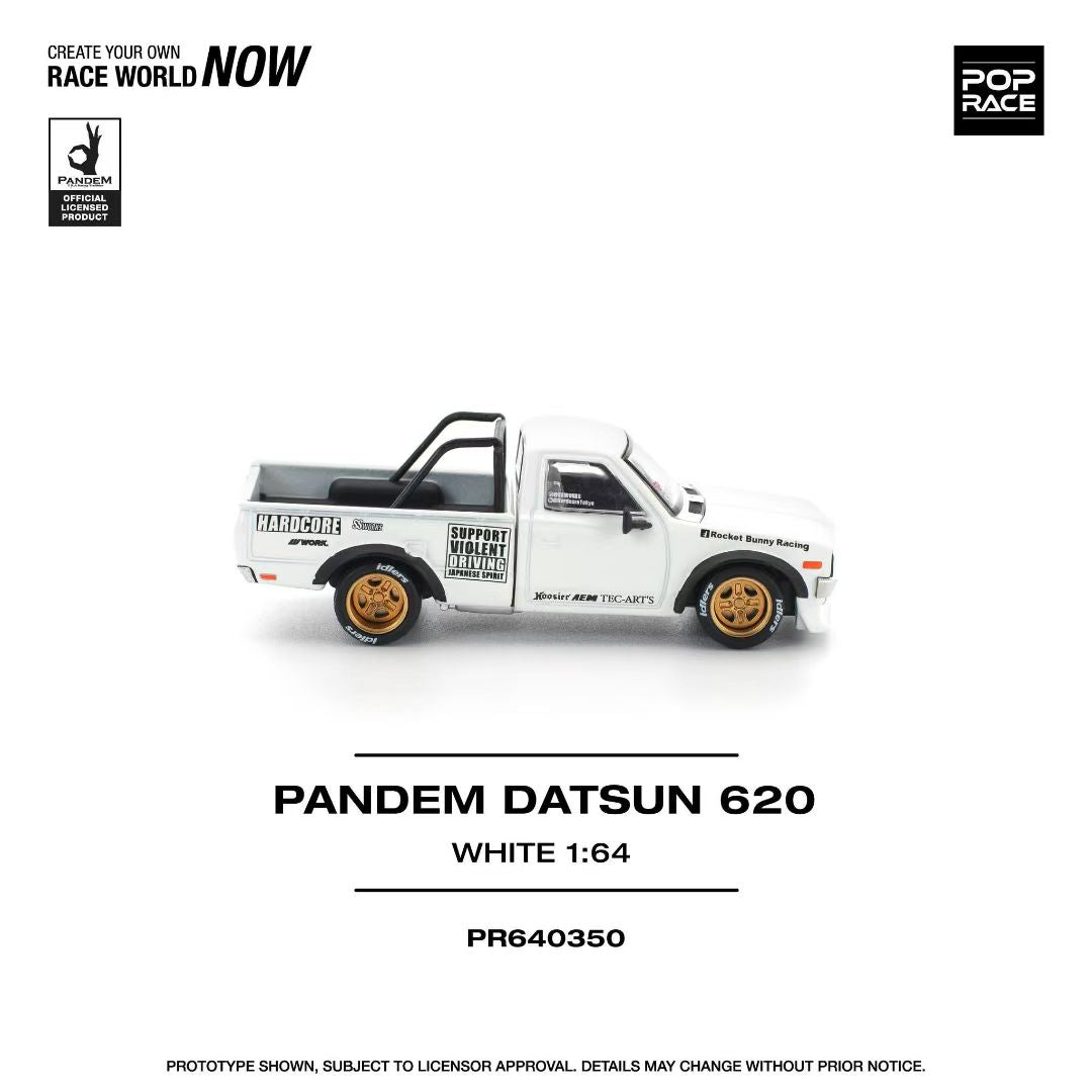 Pop Race 1/64 PANDEM Datsun 620 Pick Up Truck White Openable Front Hood Detailed Engine (PR640350)