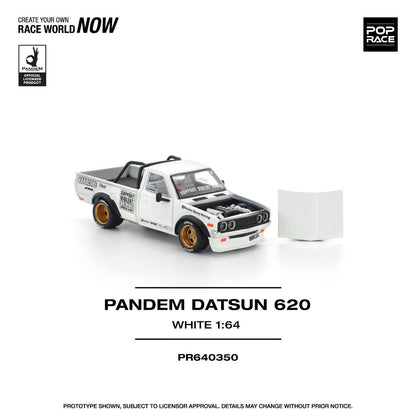 Pop Race 1/64 PANDEM Datsun 620 Pick Up Truck White Openable Front Hood Detailed Engine (PR640350)