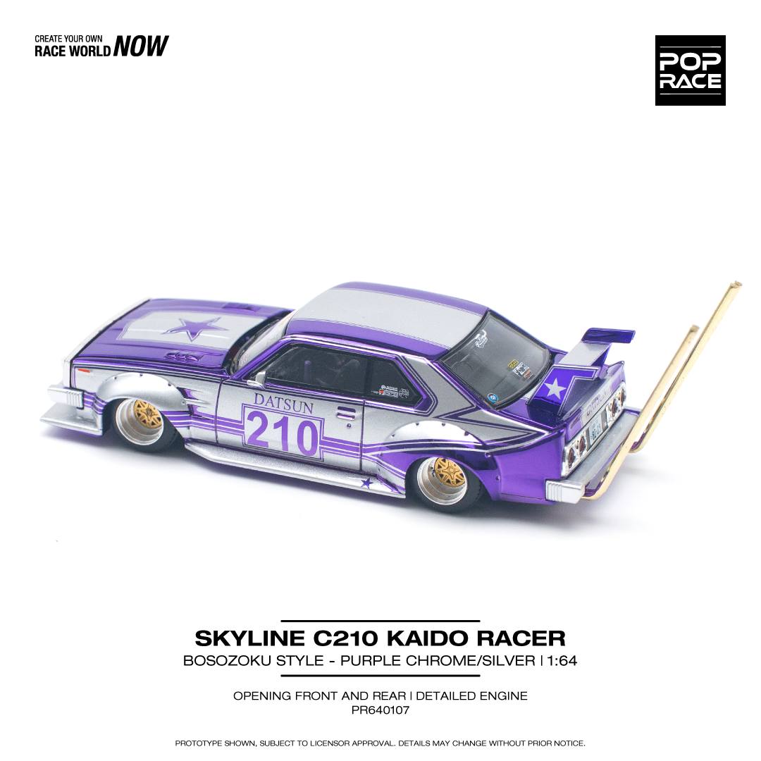 Pop Race 1:64 Nissan Skyline C210 KAIDO Racer Bosozoku Style - Purple Chrome Silver Opening Front and Rear Detailed Engine (PR640107)