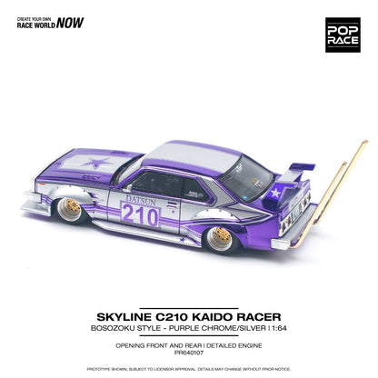 Pop Race 1:64 Nissan Skyline C210 KAIDO Racer Bosozoku Style - Purple Chrome Silver Opening Front and Rear Detailed Engine (PR640107)