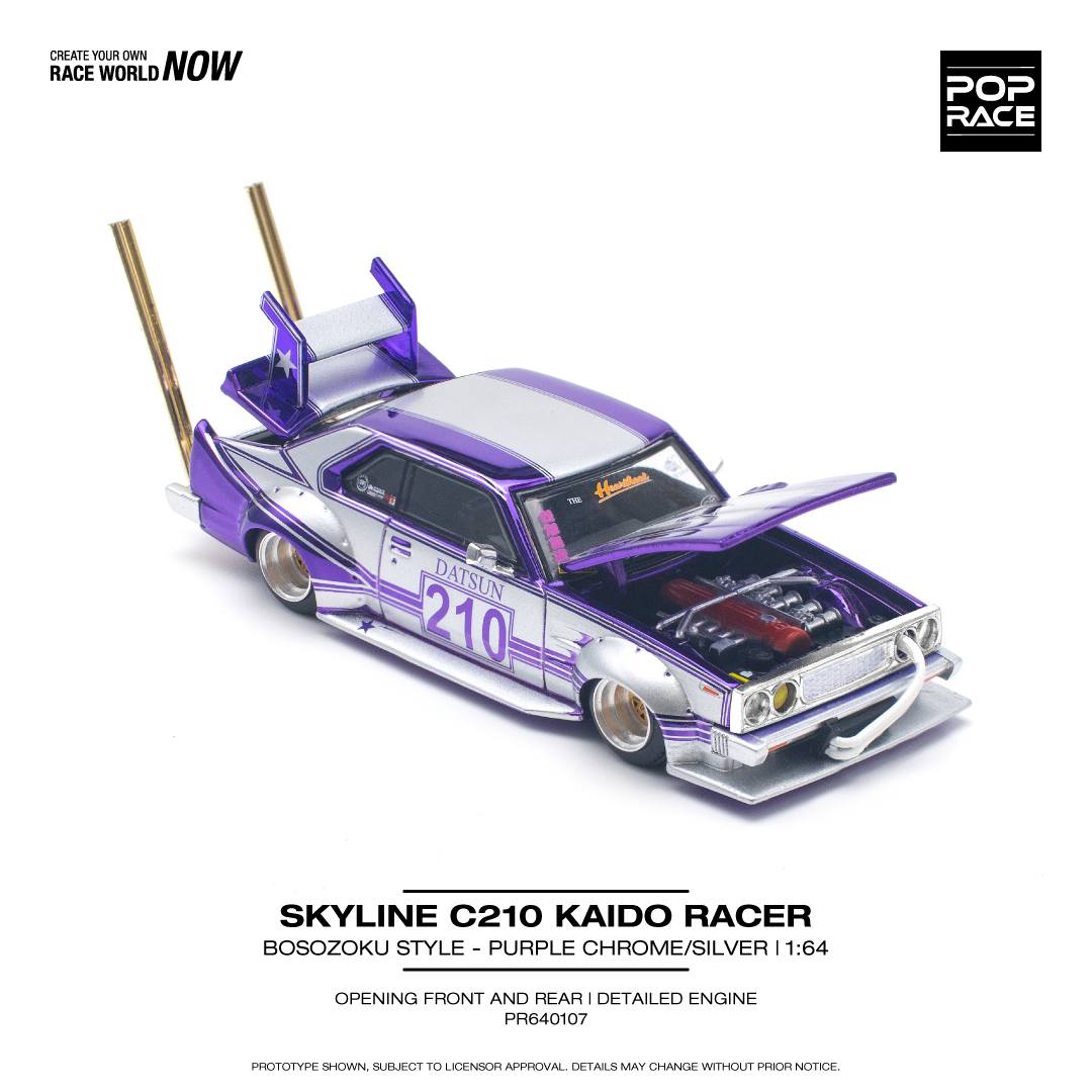 Pop Race 1:64 Nissan Skyline C210 KAIDO Racer Bosozoku Style - Purple Chrome Silver Opening Front and Rear Detailed Engine (PR640107)