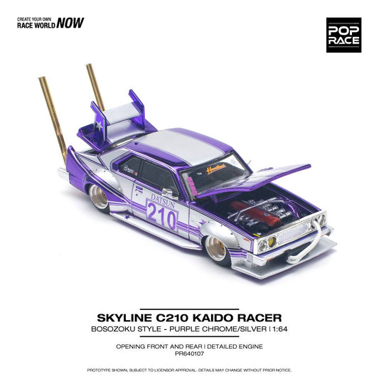 Pop Race 1:64 Nissan Skyline C210 KAIDO Racer Bosozoku Style - Purple Chrome Silver Opening Front and Rear Detailed Engine (PR640107)