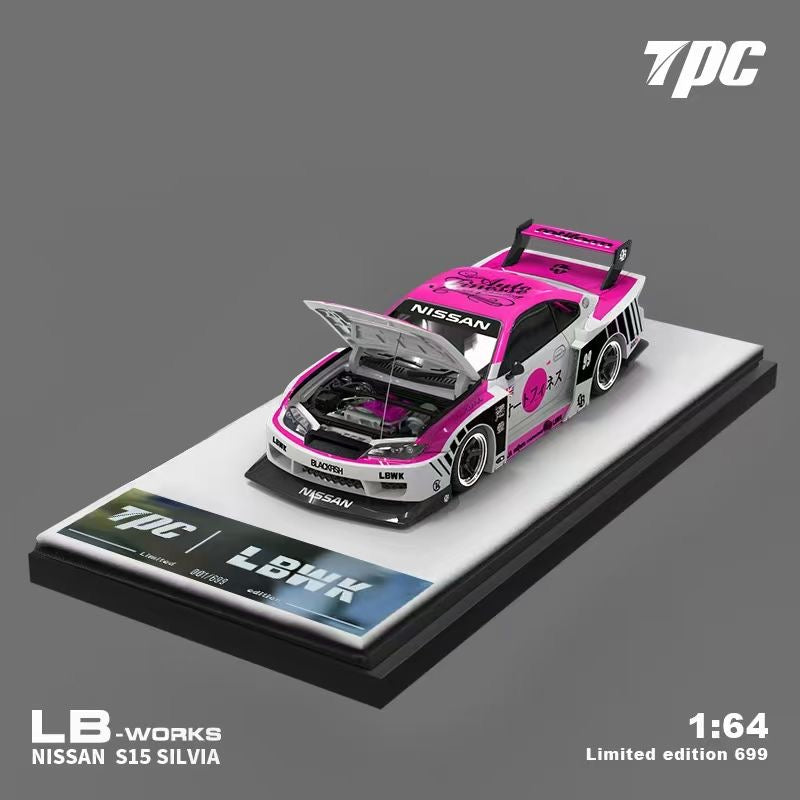 TPC 1:64 Nissan Silvia S15 LBWK Custom Pink White Openable Front Hood Detailed Engine