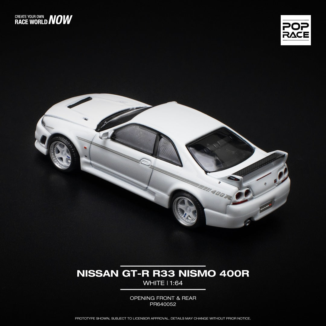 Pop Race 1:64 Nissan Skyline GT-R R33 NISMO 400R White Opening Front and Rear (PR640052)