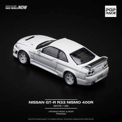 Pop Race 1:64 Nissan Skyline GT-R R33 NISMO 400R White Opening Front and Rear (PR640052)