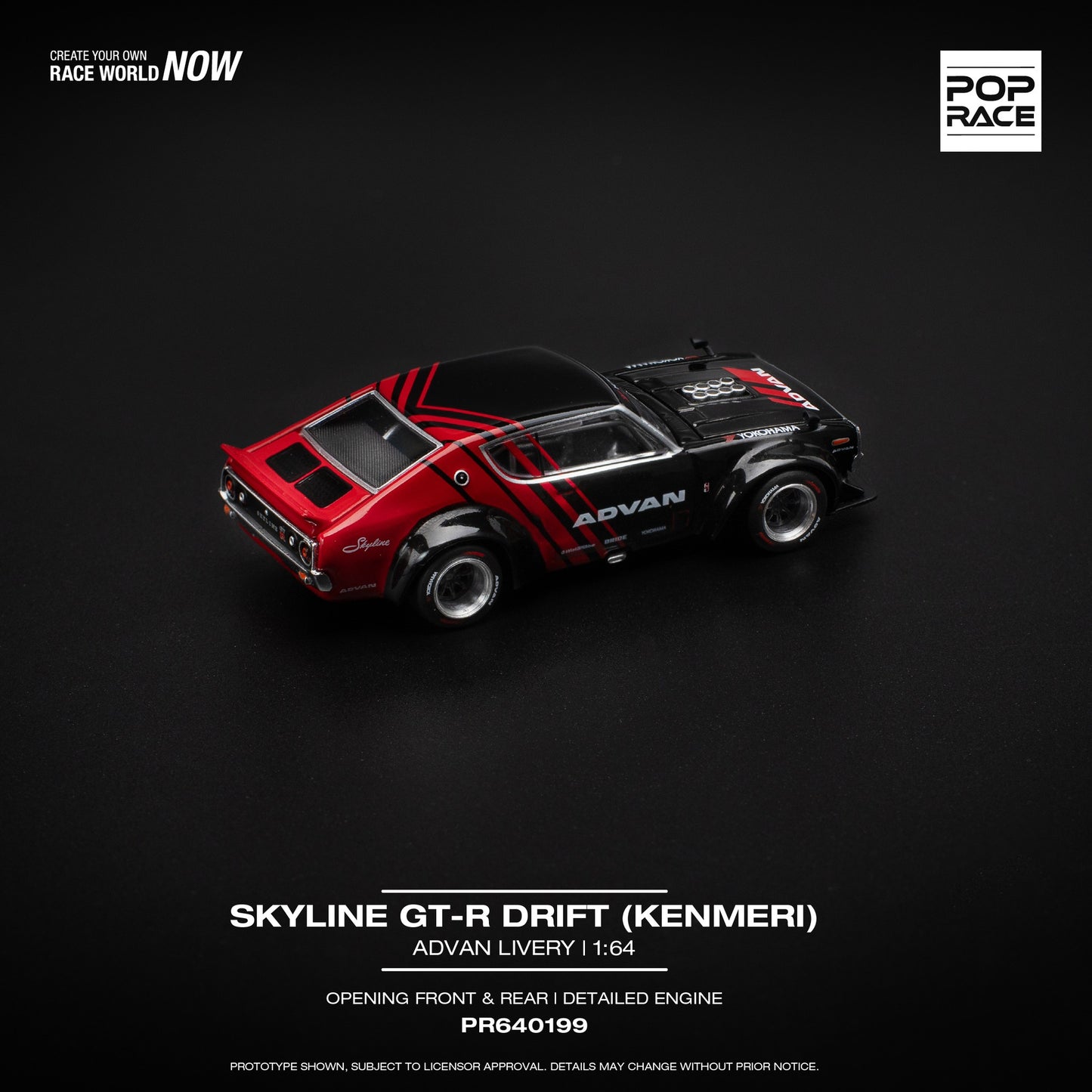 Pop Race 1:64 Nissan Skyline GT-R KPGC110 V8 Drift (Kenmeri) ADVAN Livery Opening Front and Rear Detailed Engine (PR640199)