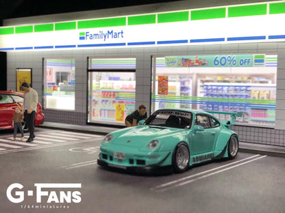 G-Fans 1/64 Family Mart Convenience Store LED Light Diorama with Car Park Parking Lot