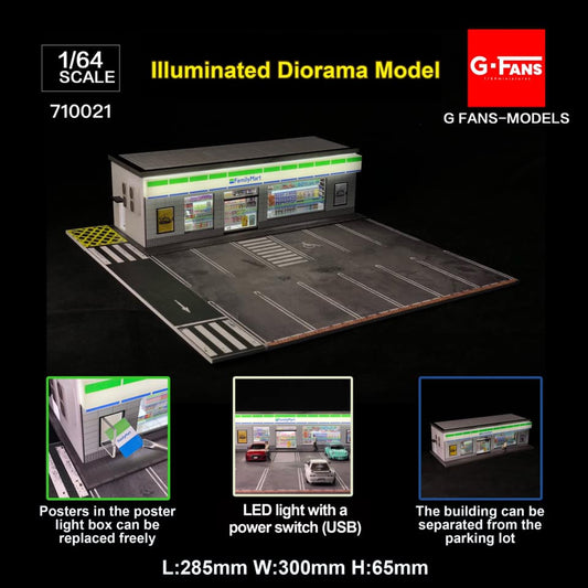 G-Fans 1/64 Family Mart Convenience Store LED Light Diorama with Car Park Parking Lot