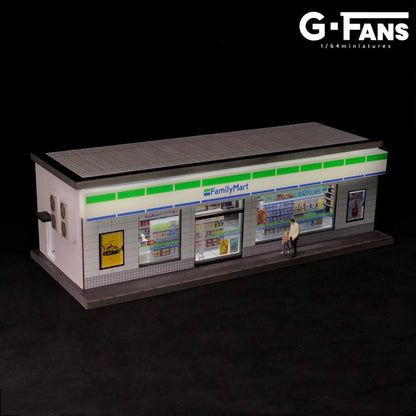G-Fans 1/64 Family Mart Convenience Store LED Light Diorama with Car Park Parking Lot