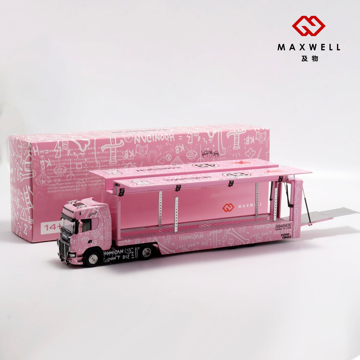 Maxwell 1/64 Scania S-Series S730 V8 Double Layers Enclosed  Gull Wings Transporter Lorry Truck Livery Ken Block Hoonigan #43 Pink Pig