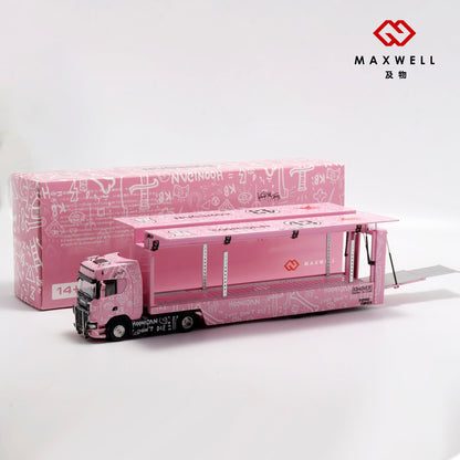 Maxwell 1/64 Scania S-Series S730 V8 Double Layers Enclosed  Gull Wings Transporter Lorry Truck Livery Ken Block Hoonigan #43 Pink Pig