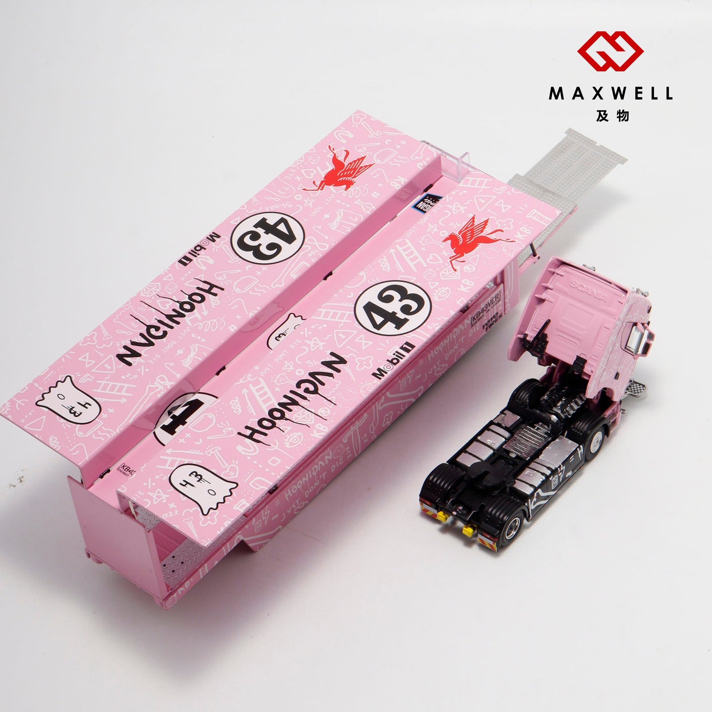 Maxwell 1/64 Scania S-Series S730 V8 Double Layers Enclosed  Gull Wings Transporter Lorry Truck Livery Ken Block Hoonigan #43 Pink Pig