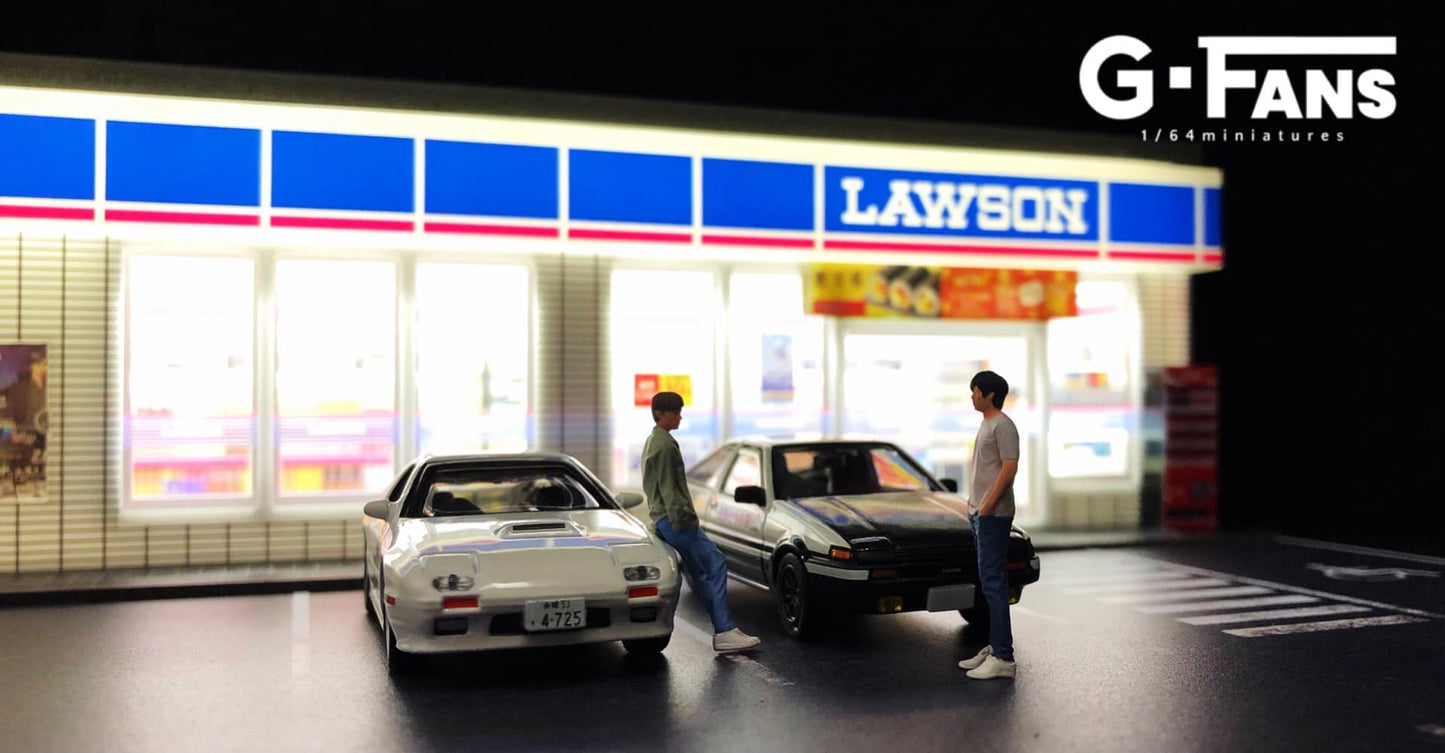 G-Fans 1/64 Lawson Convenience Store LED Light Diorama with Car Park Parking Lot