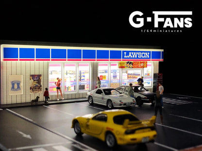 G-Fans 1/64 Lawson Convenience Store LED Light Diorama with Car Park Parking Lot