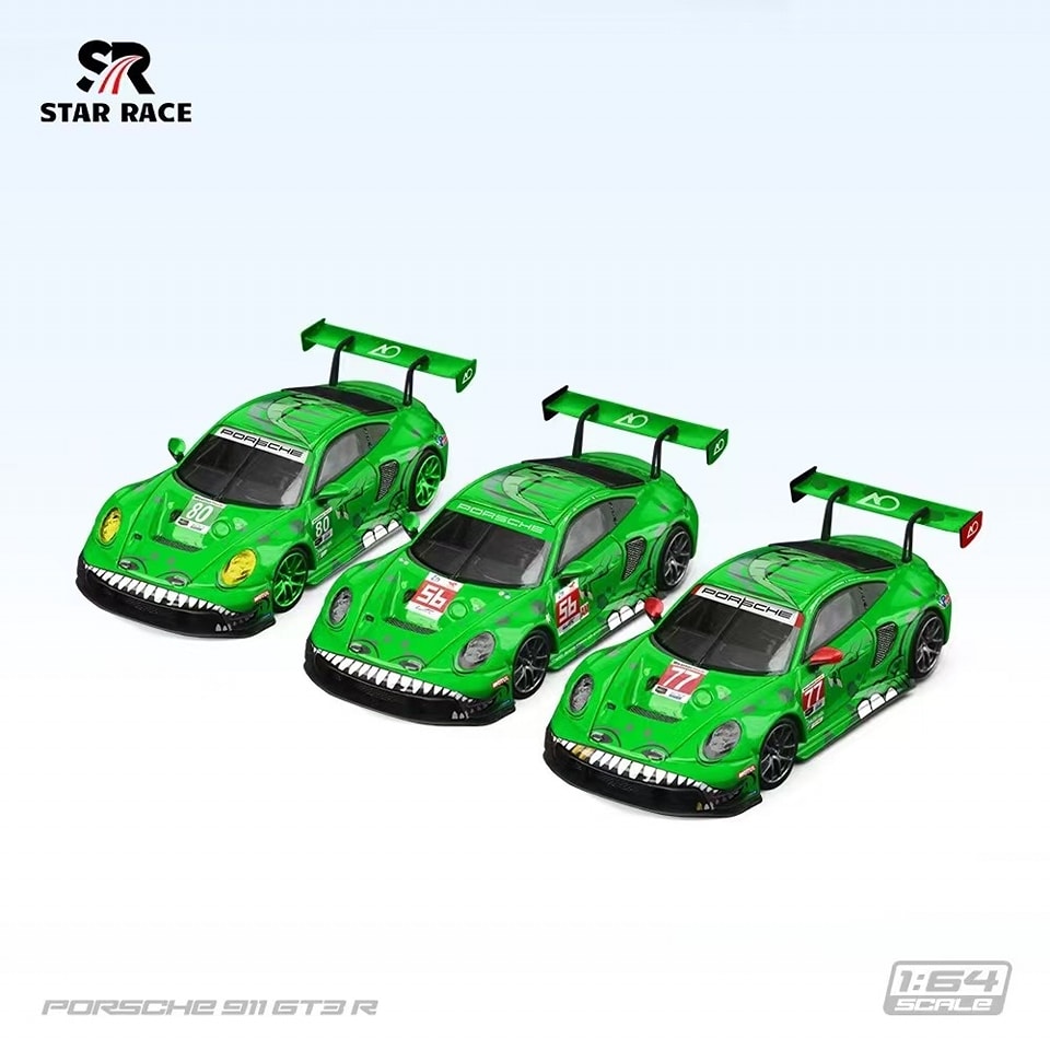Star Race 1:64 Porsche 911 GT3 R Tyrannosaurus T-Rex Rexy Green #56 #77 #80 3 Cars Full Set in Premium Box