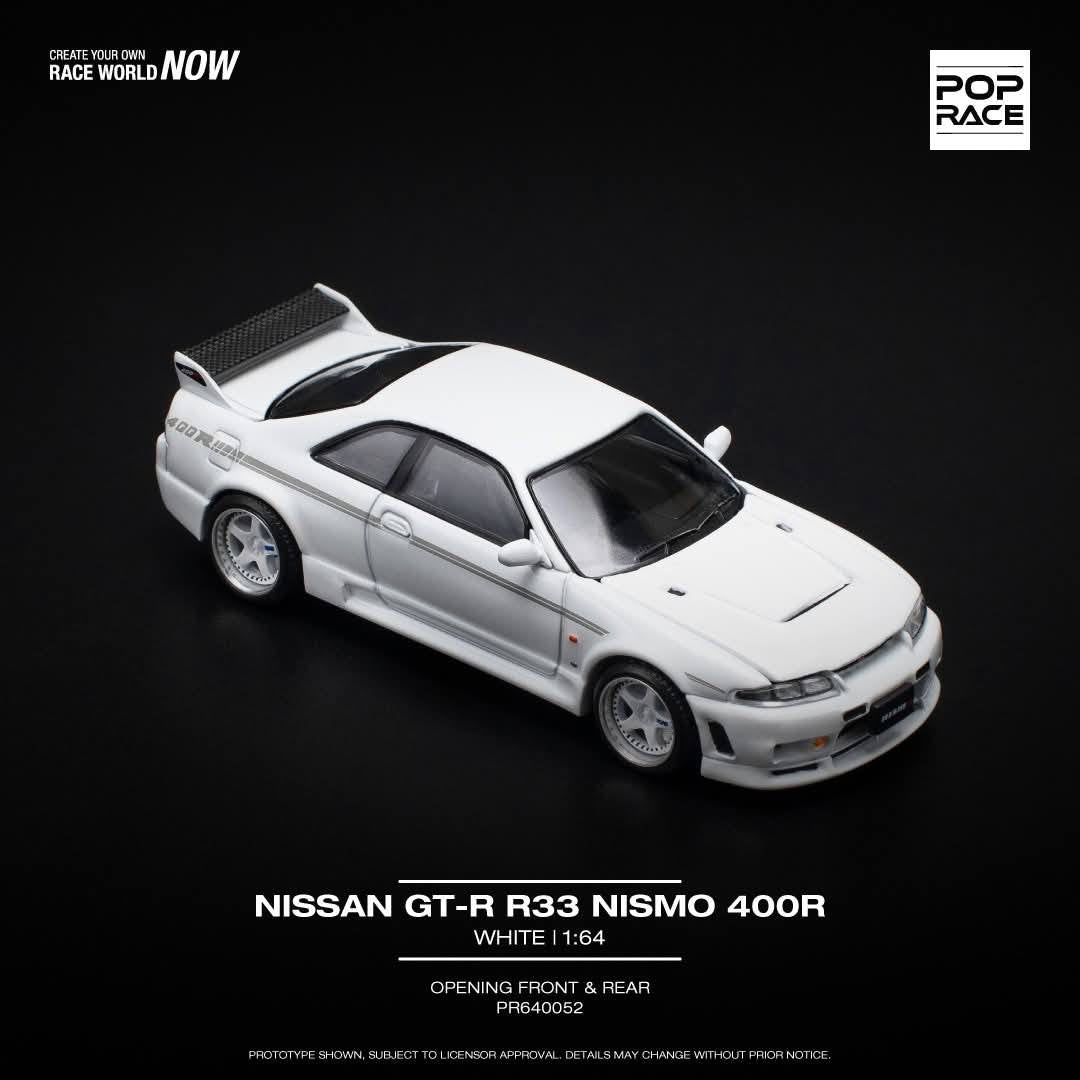 Pop Race 1:64 Nissan Skyline GT-R R33 NISMO 400R White Opening Front and Rear (PR640052)