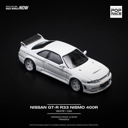 Pop Race 1:64 Nissan Skyline GT-R R33 NISMO 400R White Opening Front and Rear (PR640052)