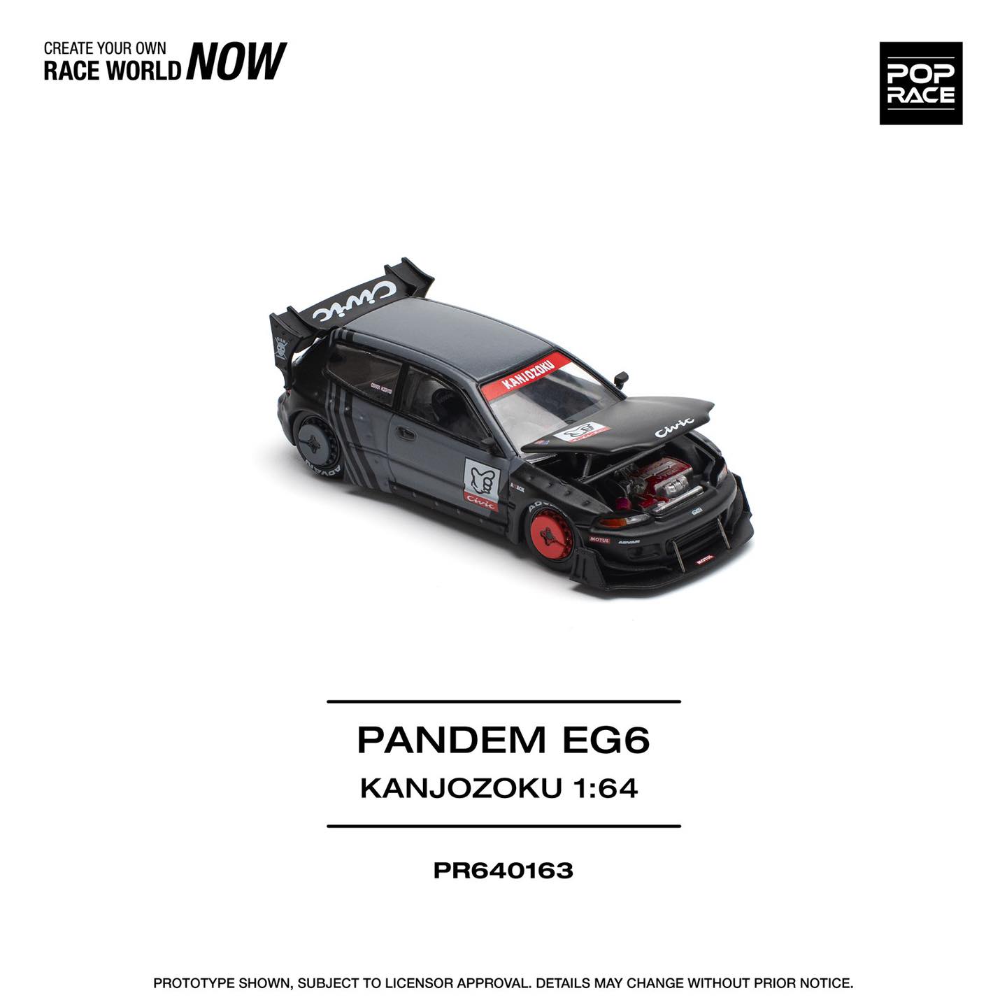 Pop Race 1:64 Honda PANDEM CIVIC EG6 Rocket Bunny Custom Black Kanjozoku Opening Front Detailed Engine (PR640163)